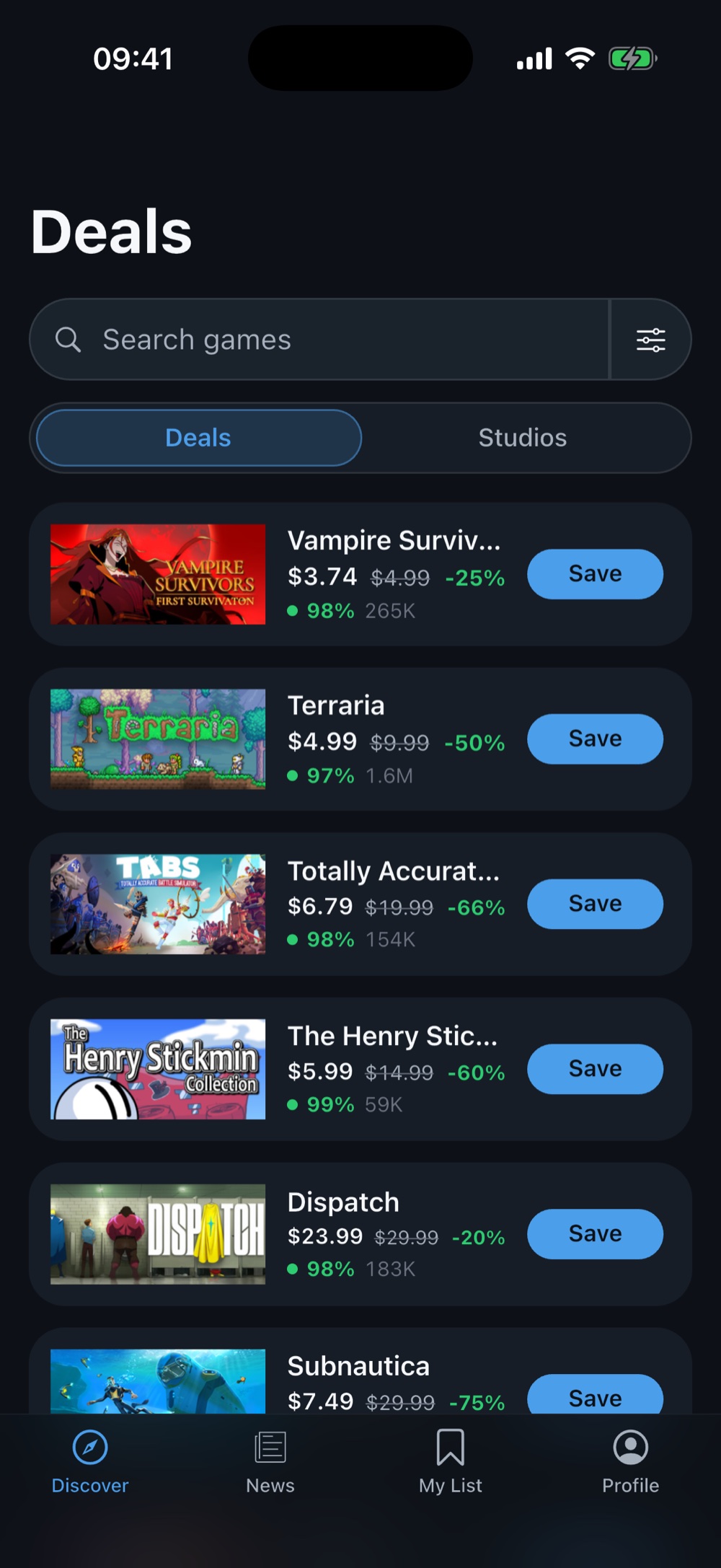 Deals list with score and review count on every row.