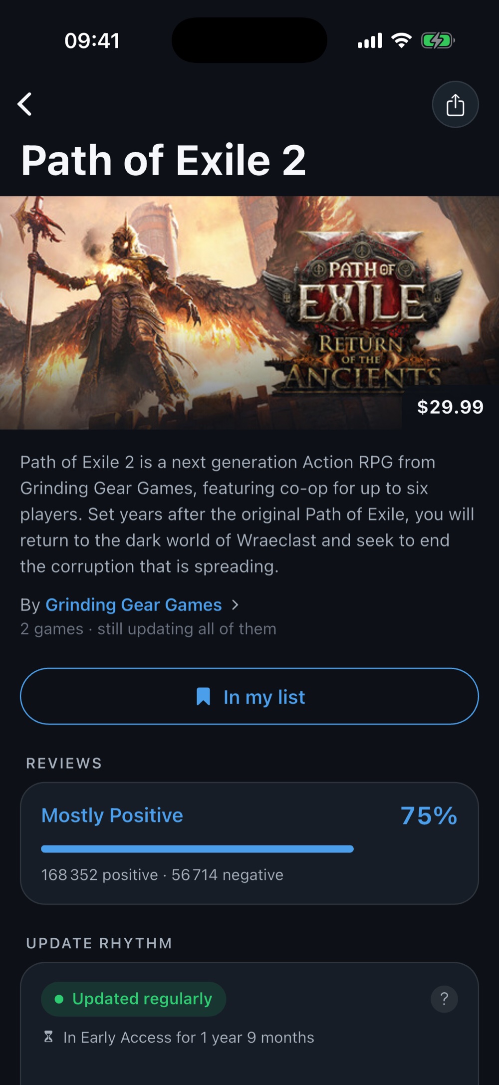The Path of Exile 2 game page: price, the review split as real numbers, and the studio's record underneath.