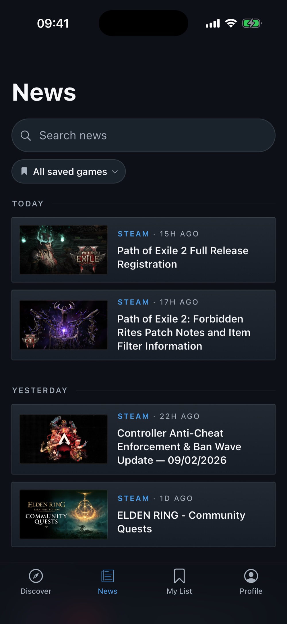 The news feed, grouped by day, with the newest posts for saved games.